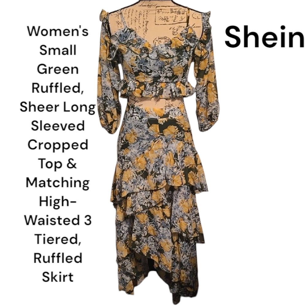 Shein Cropped Floral Ruffled Top & 3 Tier Skirt -Green/Yellow/Blue Women's S New